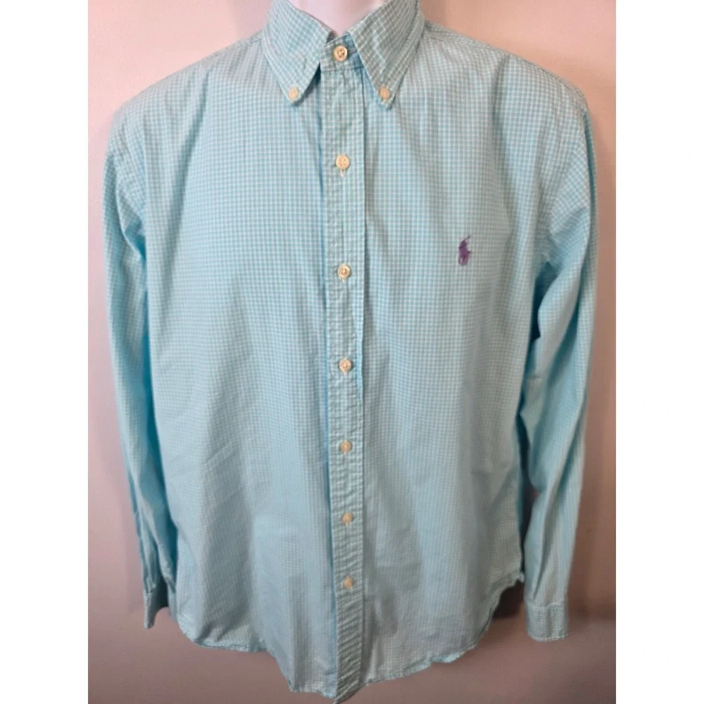 Ralph Lauren Mens Classic Fit Gingham Button Down Shirt Blue White 15.5 34/35